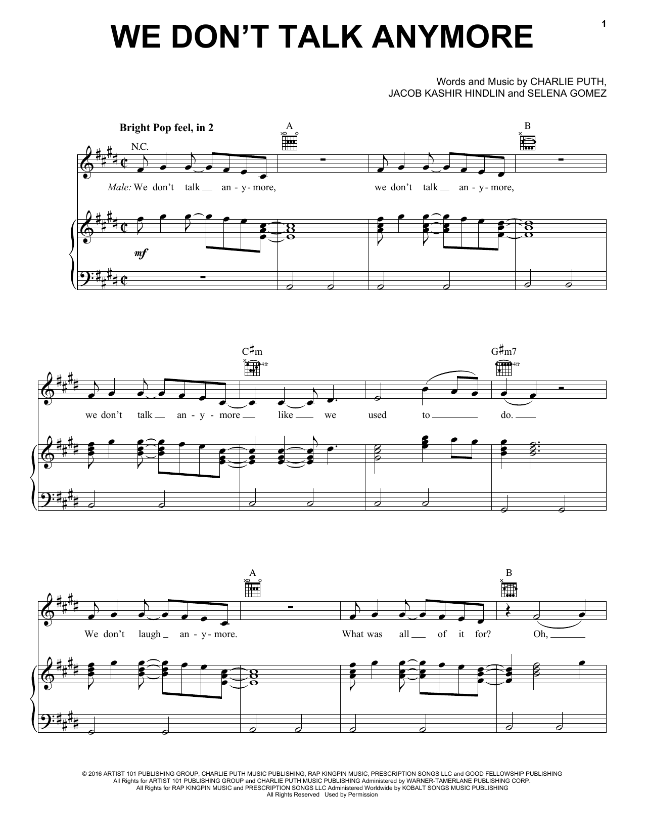 Download Charlie Puth We Don't Talk Anymore (feat. Selena Gomez) Sheet Music and learn how to play Piano, Vocal & Guitar (Right-Hand Melody) PDF digital score in minutes