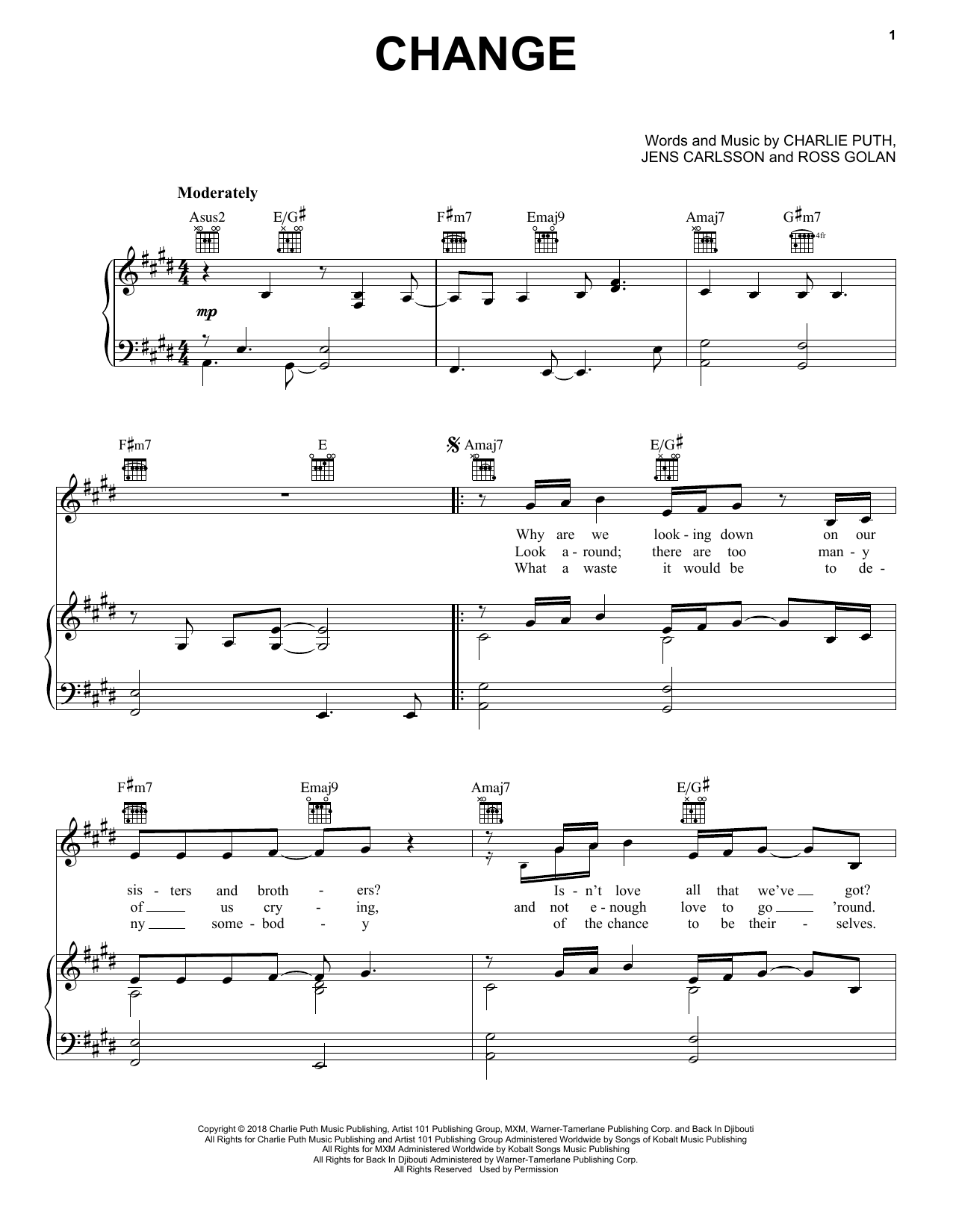 Download Charlie Puth featuring James Taylor Change Sheet Music and learn how to play Piano, Vocal & Guitar (Right-Hand Melody) PDF digital score in minutes