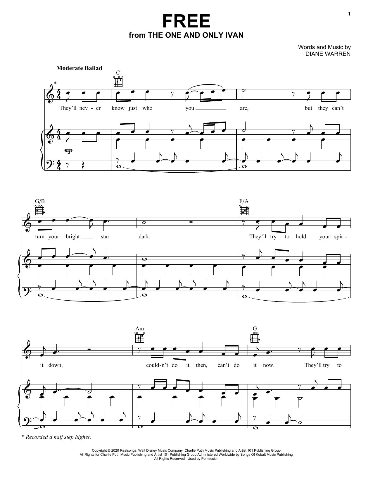 Download Charlie Puth Free (from Disney's The One And Only Ivan) Sheet Music and learn how to play Piano, Vocal & Guitar Chords (Right-Hand Melody) PDF digital score in minutes