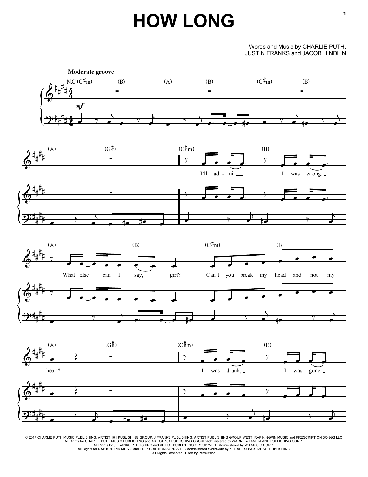 Download Charlie Puth How Long Sheet Music and learn how to play Piano, Vocal & Guitar (Right-Hand Melody) PDF digital score in minutes