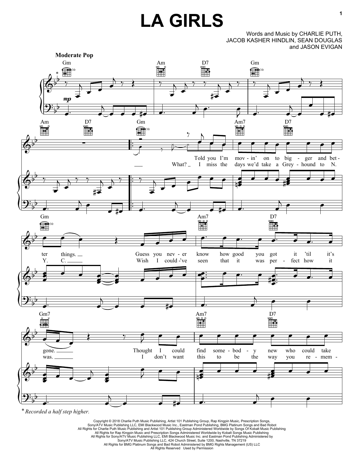 Download Charlie Puth LA Girls Sheet Music and learn how to play Piano, Vocal & Guitar Chords (Right-Hand Melody) PDF digital score in minutes