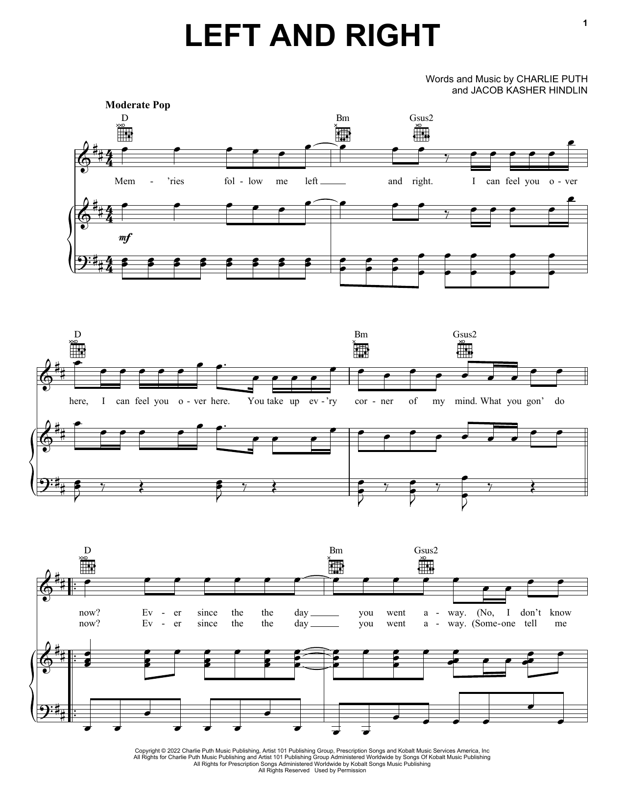 Download Charlie Puth Left And Right (feat. Jung Kook of BTS) Sheet Music and learn how to play Piano, Vocal & Guitar Chords (Right-Hand Melody) PDF digital score in minutes