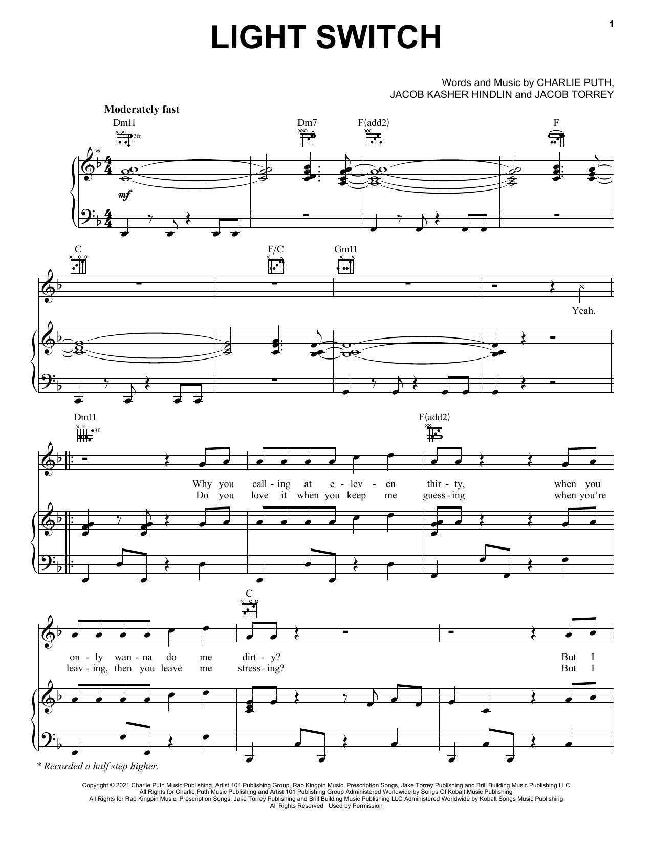 Download Charlie Puth Light Switch Sheet Music and learn how to play Piano, Vocal & Guitar Chords (Right-Hand Melody) PDF digital score in minutes