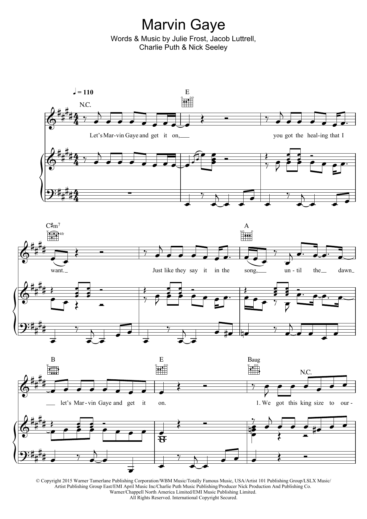 Download Charlie Puth Marvin Gaye (feat. Meghan Trainor) Sheet Music and learn how to play Piano, Vocal & Guitar PDF digital score in minutes
