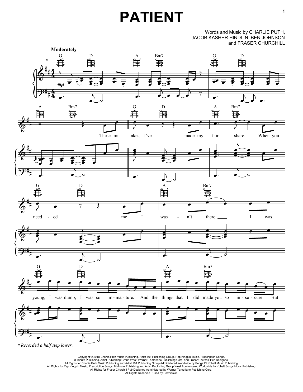 Download Charlie Puth Patient Sheet Music and learn how to play Piano, Vocal & Guitar Chords (Right-Hand Melody) PDF digital score in minutes