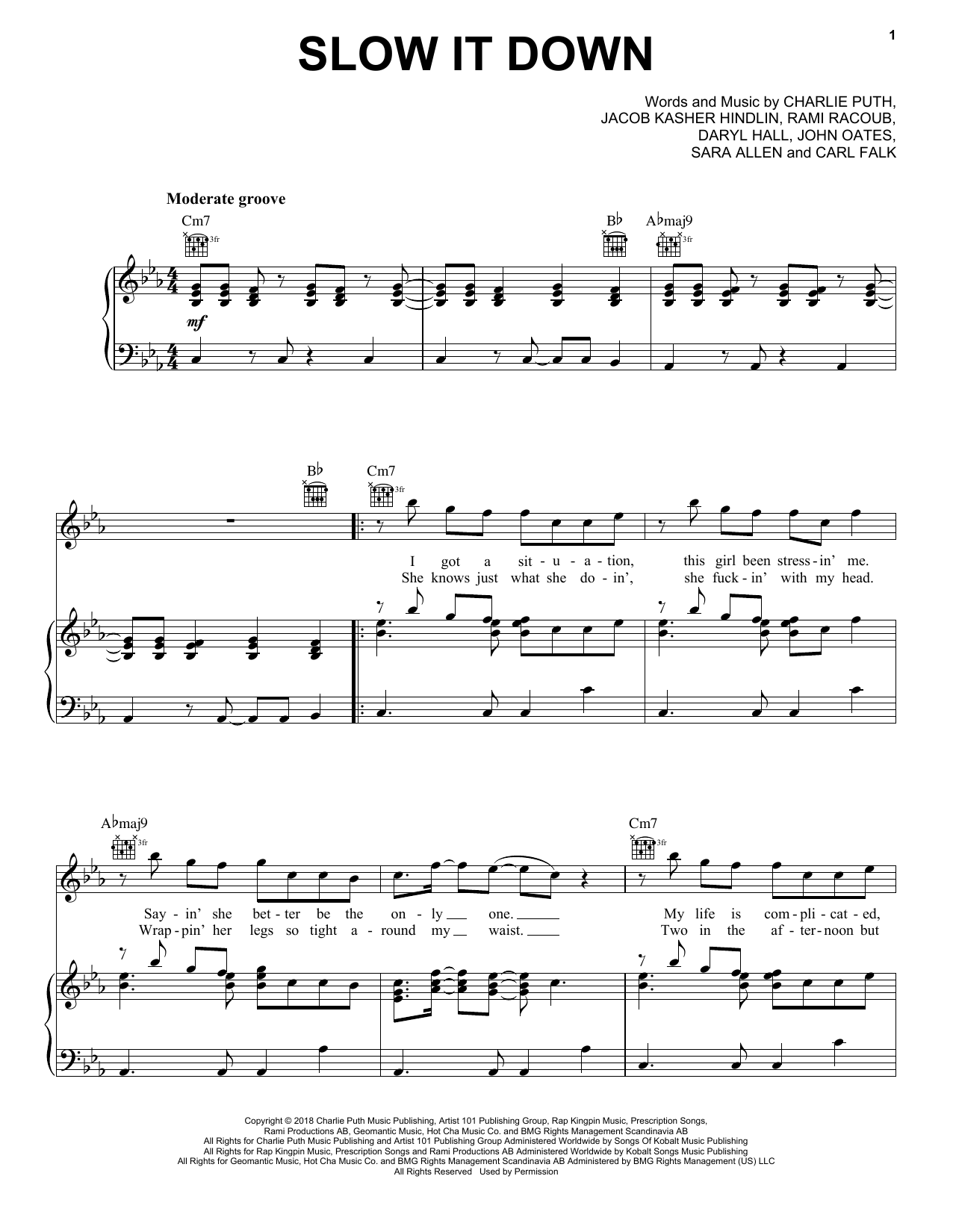 Download Charlie Puth Slow It Down Sheet Music and learn how to play Piano, Vocal & Guitar Chords (Right-Hand Melody) PDF digital score in minutes