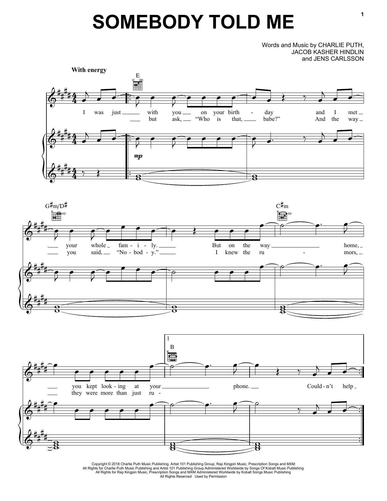 Download Charlie Puth Somebody Told Me Sheet Music and learn how to play Piano, Vocal & Guitar Chords (Right-Hand Melody) PDF digital score in minutes