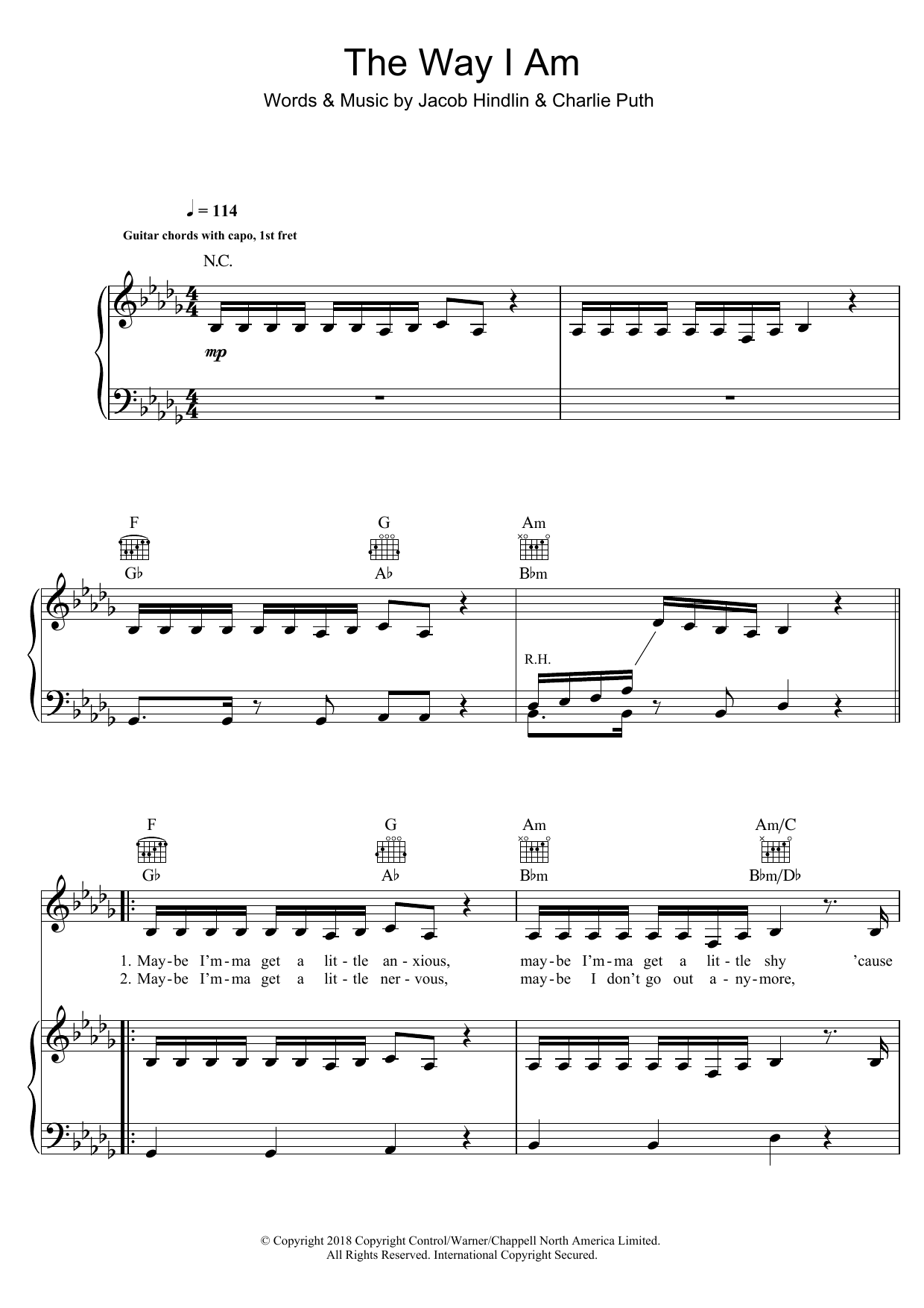 Download Charlie Puth The Way I Am Sheet Music and learn how to play Piano, Vocal & Guitar PDF digital score in minutes