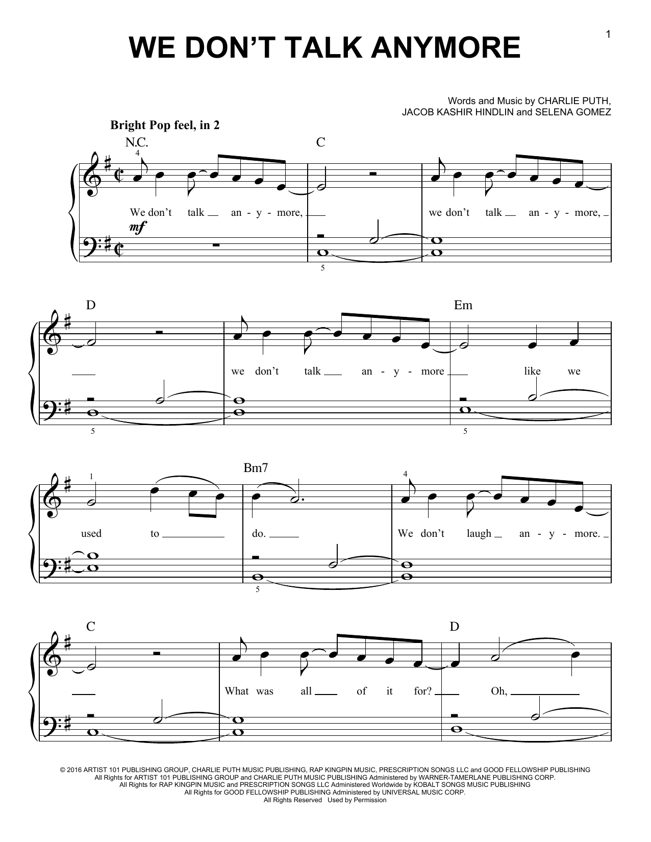 Download Charlie Puth We Don't Talk Anymore (feat. Selena Gomez) Sheet Music and learn how to play Easy Piano PDF digital score in minutes