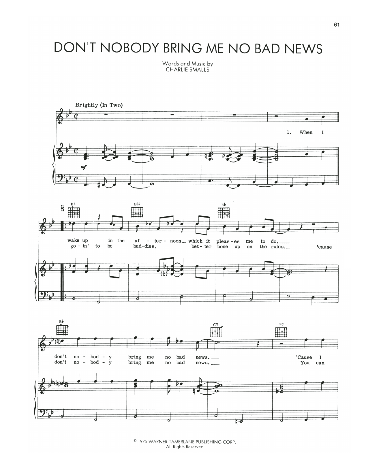 Download Charlie Smalls Don't Nobody Bring Me No Bad News (from The Wiz) Sheet Music and learn how to play Piano, Vocal & Guitar Chords (Right-Hand Melody) PDF digital score in minutes