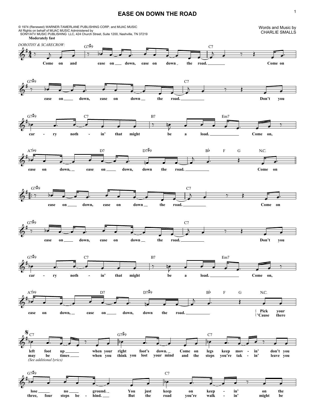 Download Charlie Smalls Ease On Down The Road Sheet Music and learn how to play Real Book – Melody & Chords PDF digital score in minutes