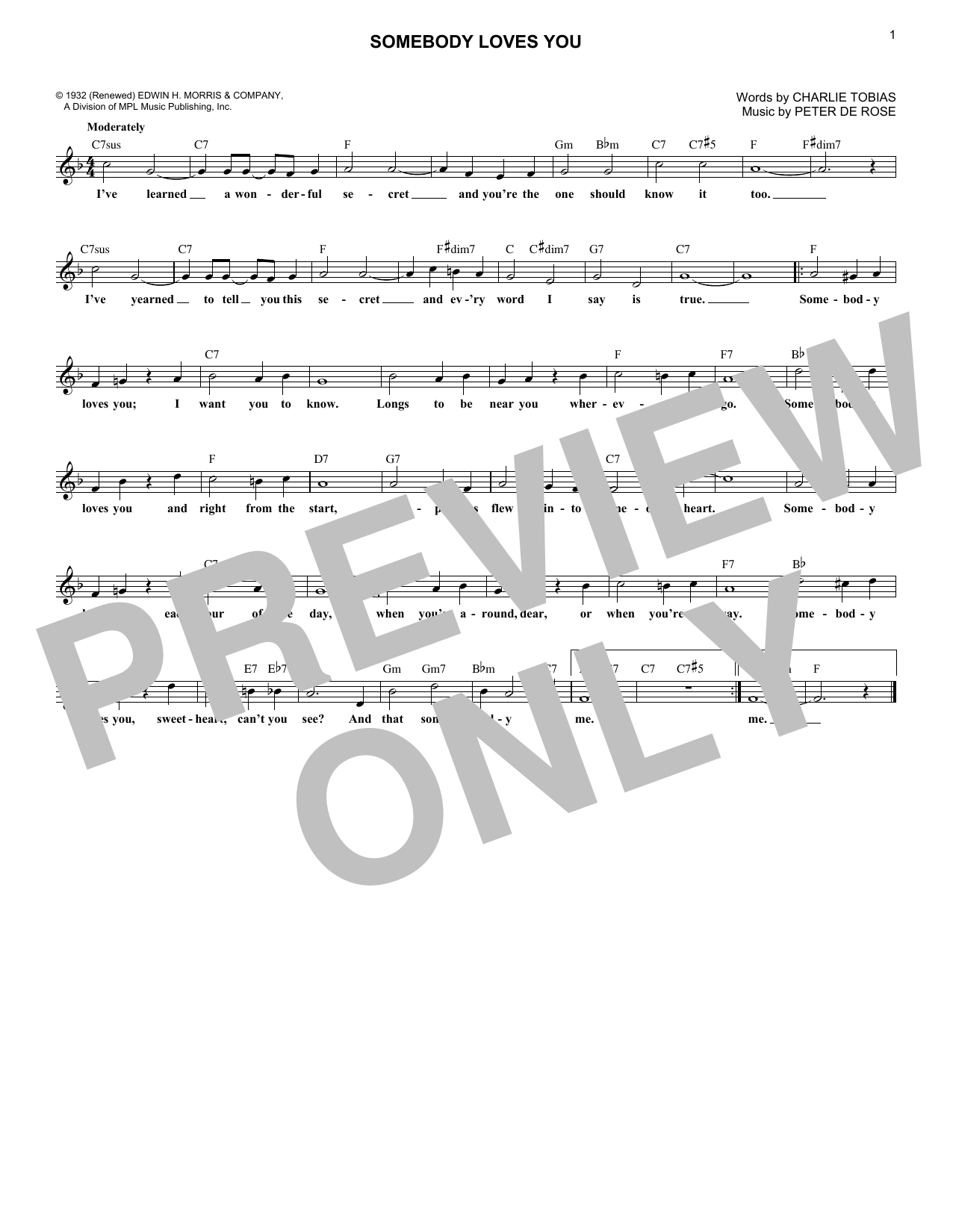 Download Charlie Tobias and Peter De Rose Somebody Loves You Sheet Music and learn how to play Lead Sheet / Fake Book PDF digital score in minutes