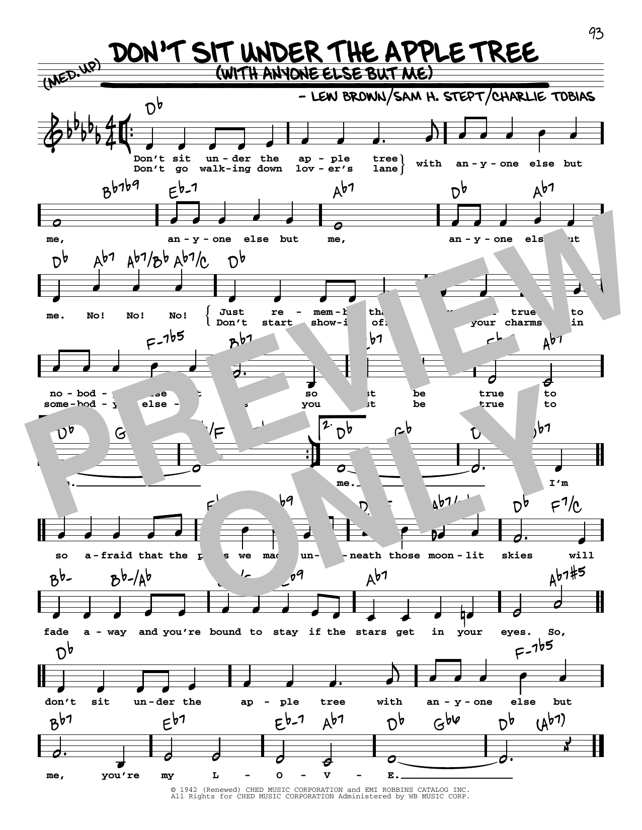 Download Charlie Tobias Don't Sit Under The Apple Tree (With Anyone Else But Me) (Low Voice) Sheet Music and learn how to play Real Book – Melody, Lyrics & Chords PDF digital score in minutes
