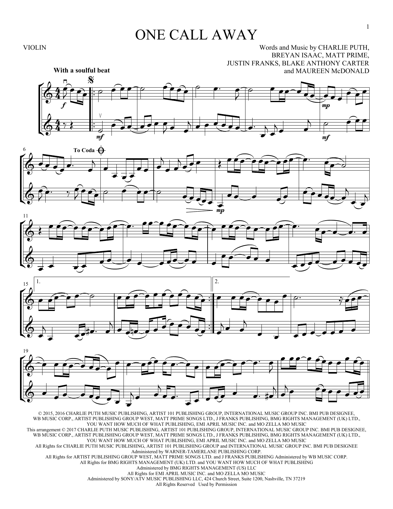 Charlie Puth One Call Away Sheet Music For Beginners In C Major Download Print SKU: MN0162451 ...