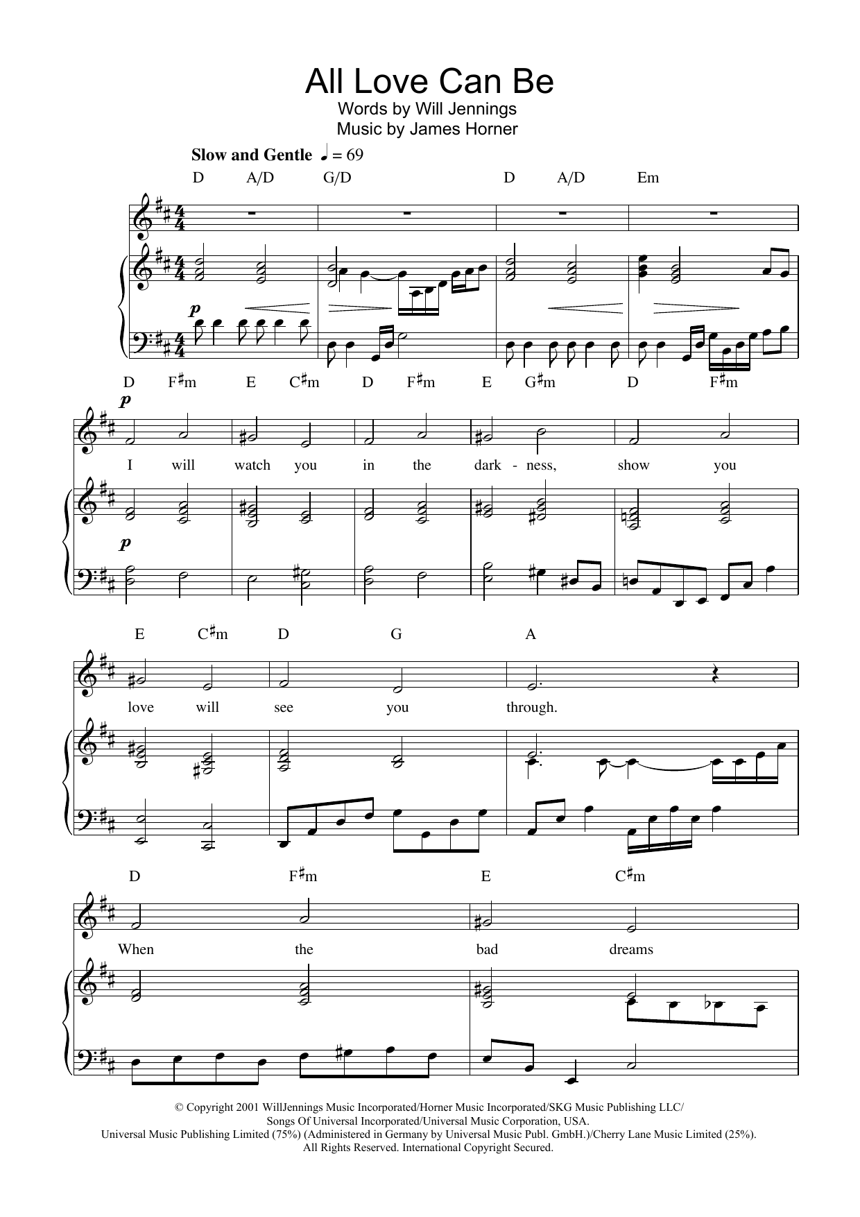 Download Charlotte Church All Love Can Be (from A Beautiful Mind) Sheet Music and learn how to play Piano, Vocal & Guitar (Right-Hand Melody) PDF digital score in minutes