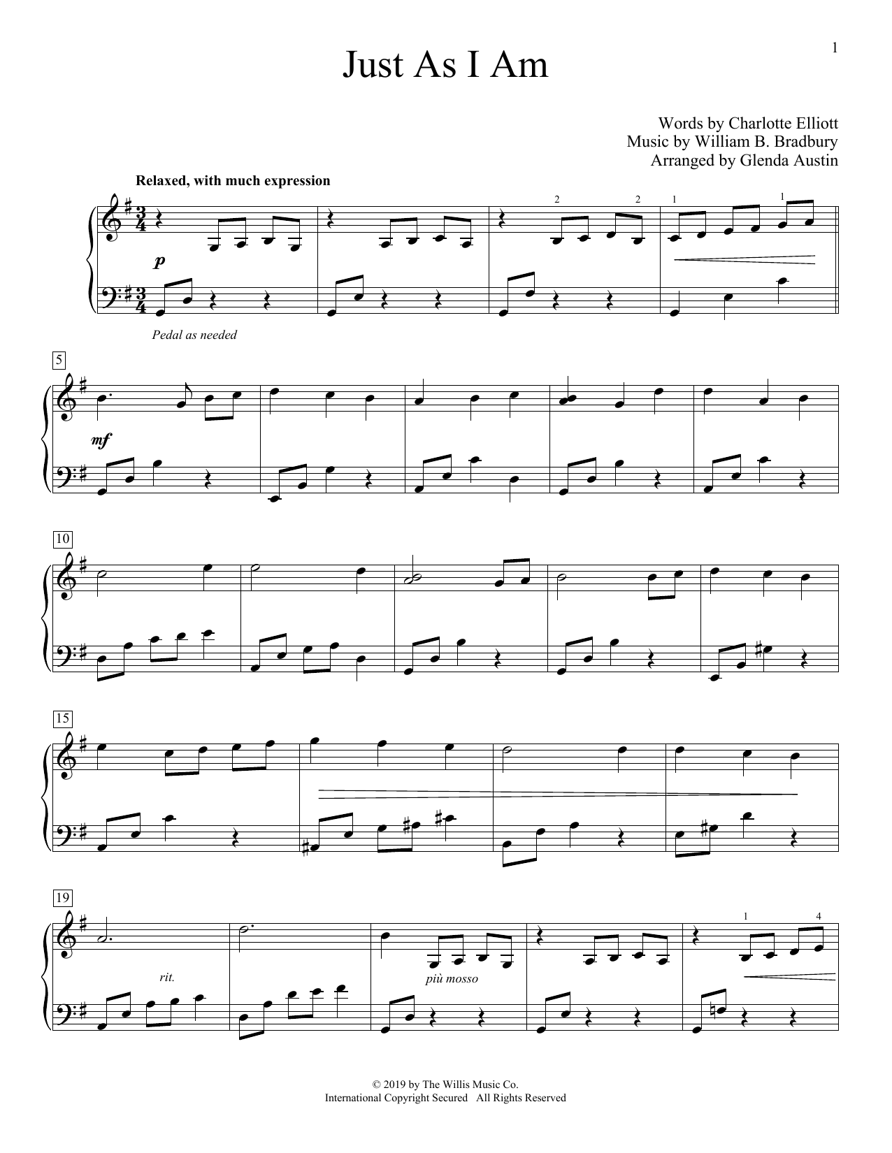 Download Charlotte Elliott Just As I Am (arr. Glenda Austin) Sheet Music and learn how to play Educational Piano PDF digital score in minutes