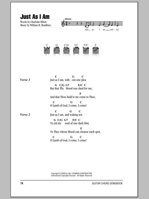 Download William B. Bradbury Just As I Am Sheet Music and learn how to play Lyrics & Piano Chords PDF digital score in minutes