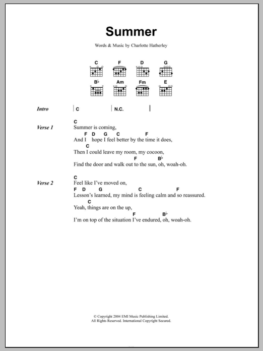 Download Charlotte Hatherley Summer Sheet Music and learn how to play Lyrics & Chords PDF digital score in minutes