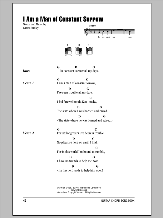 Download Carter Stanley I Am A Man Of Constant Sorrow Sheet Music and learn how to play Lyrics & Chords PDF digital score in minutes