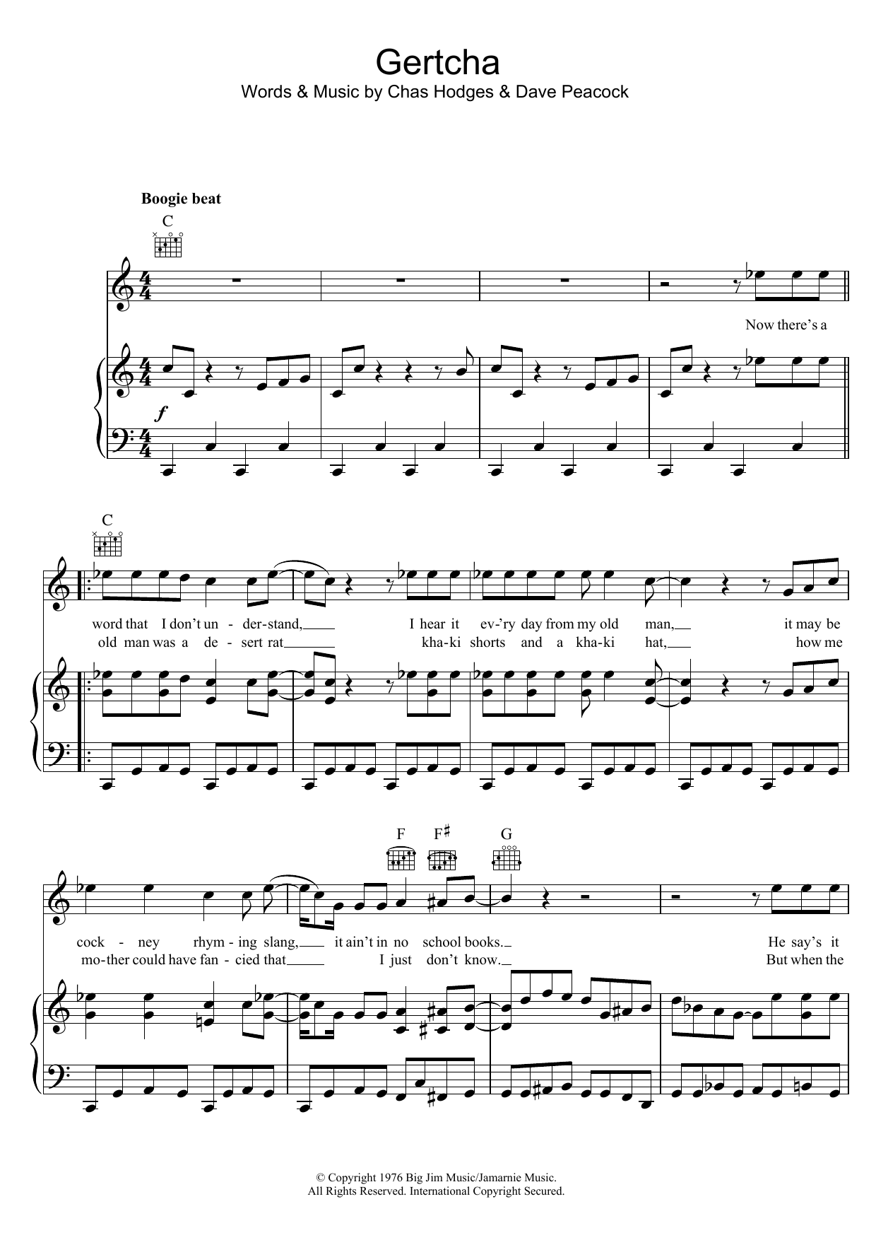 Download Chas & Dave Gertcha Sheet Music and learn how to play Piano, Vocal & Guitar (Right-Hand Melody) PDF digital score in minutes