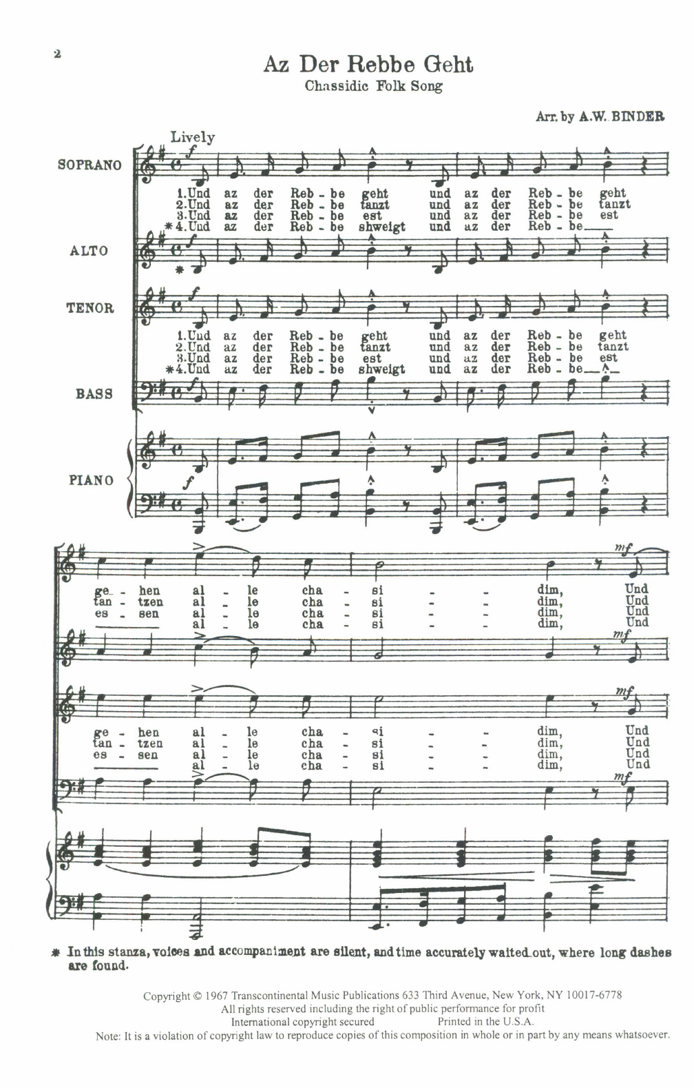 Download Chassidic Folk Song Az Der Rebbe Geht (arr. A.W. Binder) Sheet Music and learn how to play SATB Choir PDF digital score in minutes