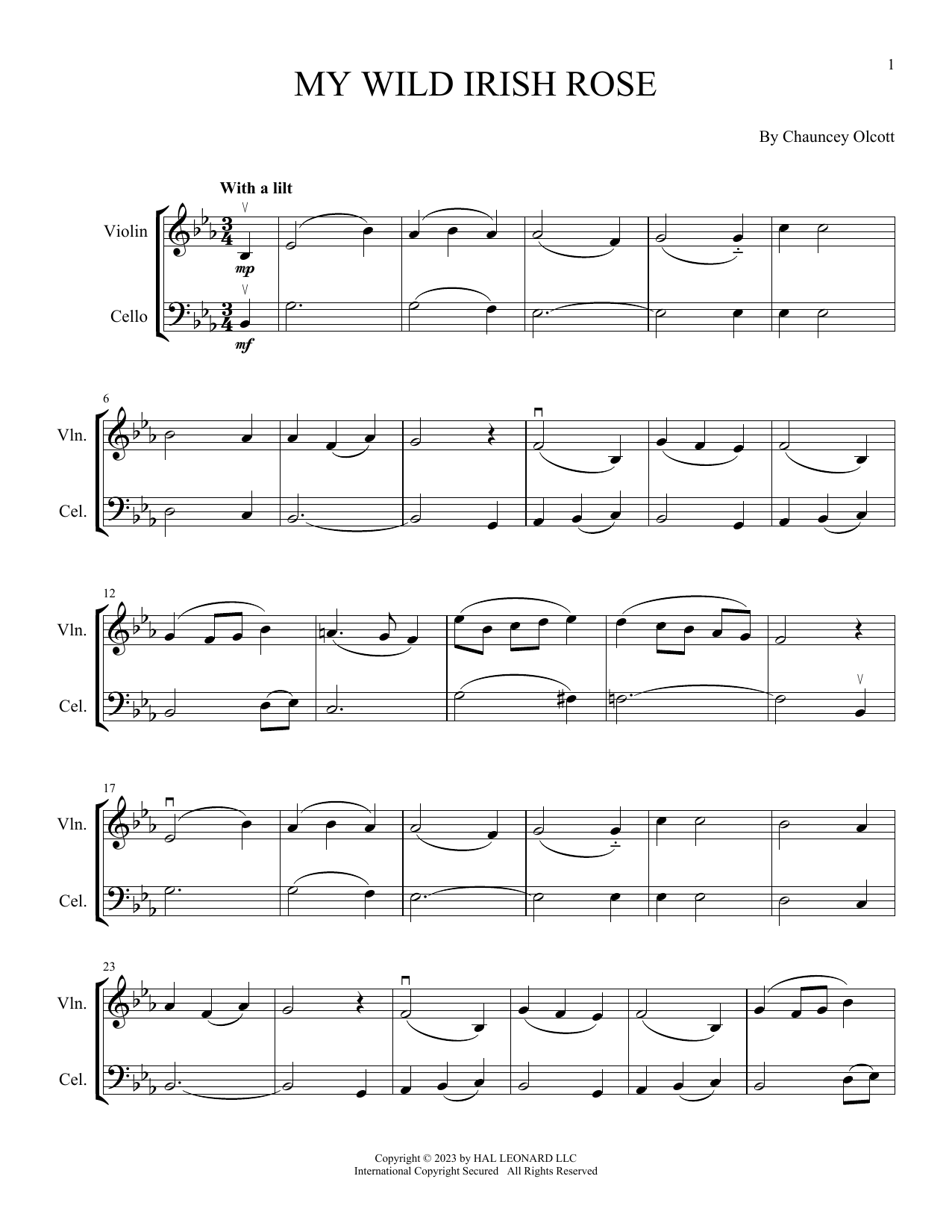 Download Chauncey Olcott My Wild Irish Rose (arr. Michelle Hynson) Sheet Music and learn how to play Instrumental Duet PDF digital score in minutes