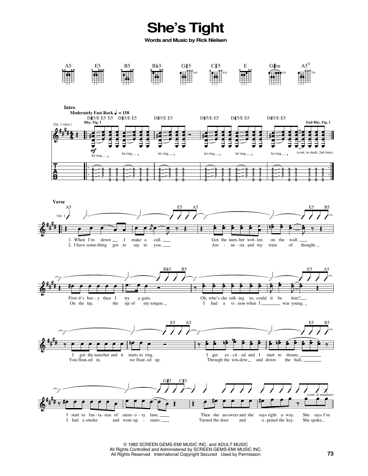 Download Cheap Trick She's Tight Sheet Music and learn how to play Piano, Vocal & Guitar (Right-Hand Melody) PDF digital score in minutes