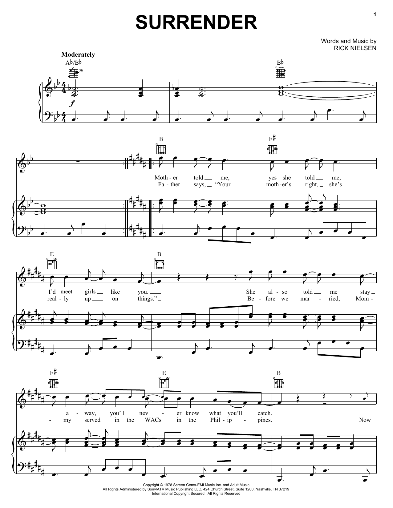 Download Cheap Trick Surrender Sheet Music and learn how to play Lyrics & Piano Chords PDF digital score in minutes