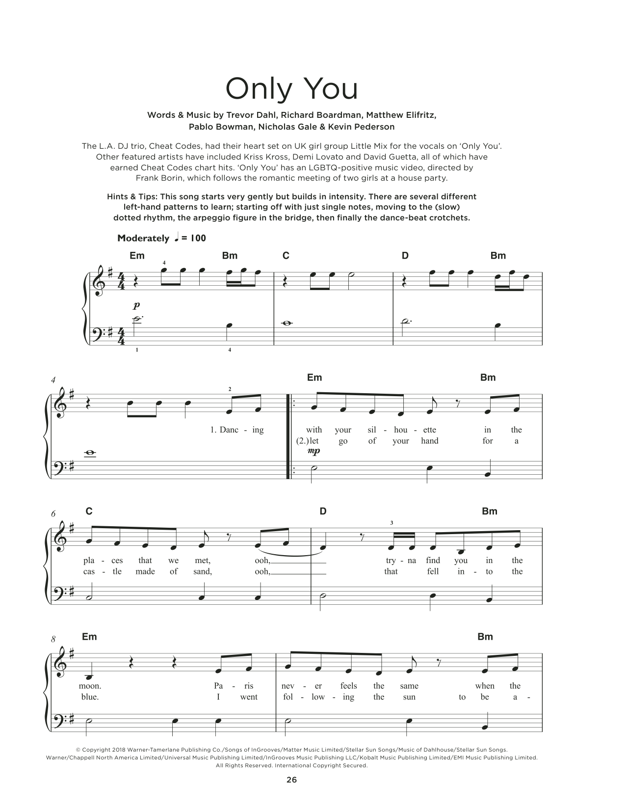 Download Cheat Codes and Little Mix Only You Sheet Music and learn how to play Really Easy Piano PDF digital score in minutes