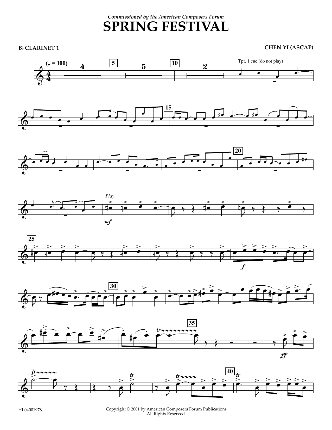 Download Chen Yi Spring Festival - Bb Clarinet 1 Sheet Music and learn how to play Concert Band PDF digital score in minutes