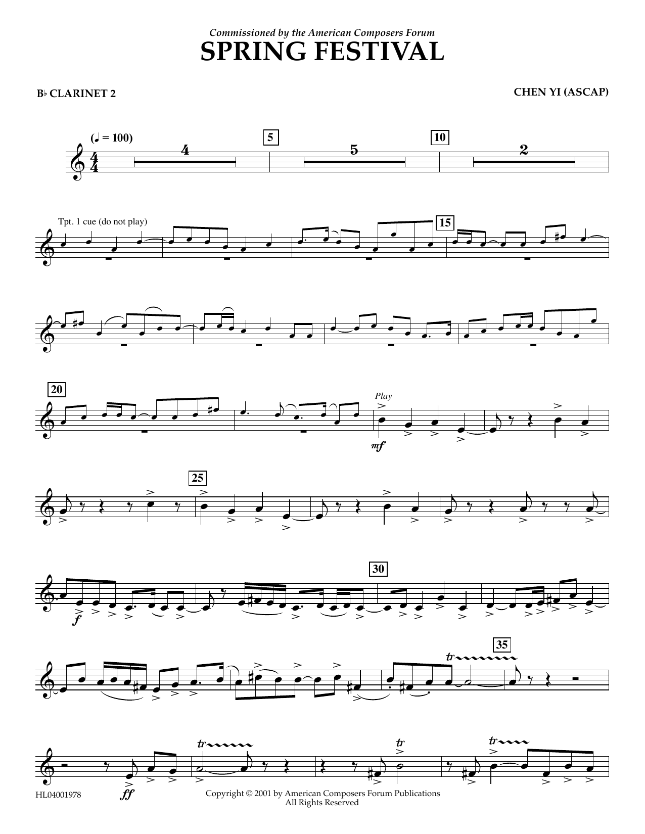 Download Chen Yi Spring Festival - Bb Clarinet 2 Sheet Music and learn how to play Concert Band PDF digital score in minutes