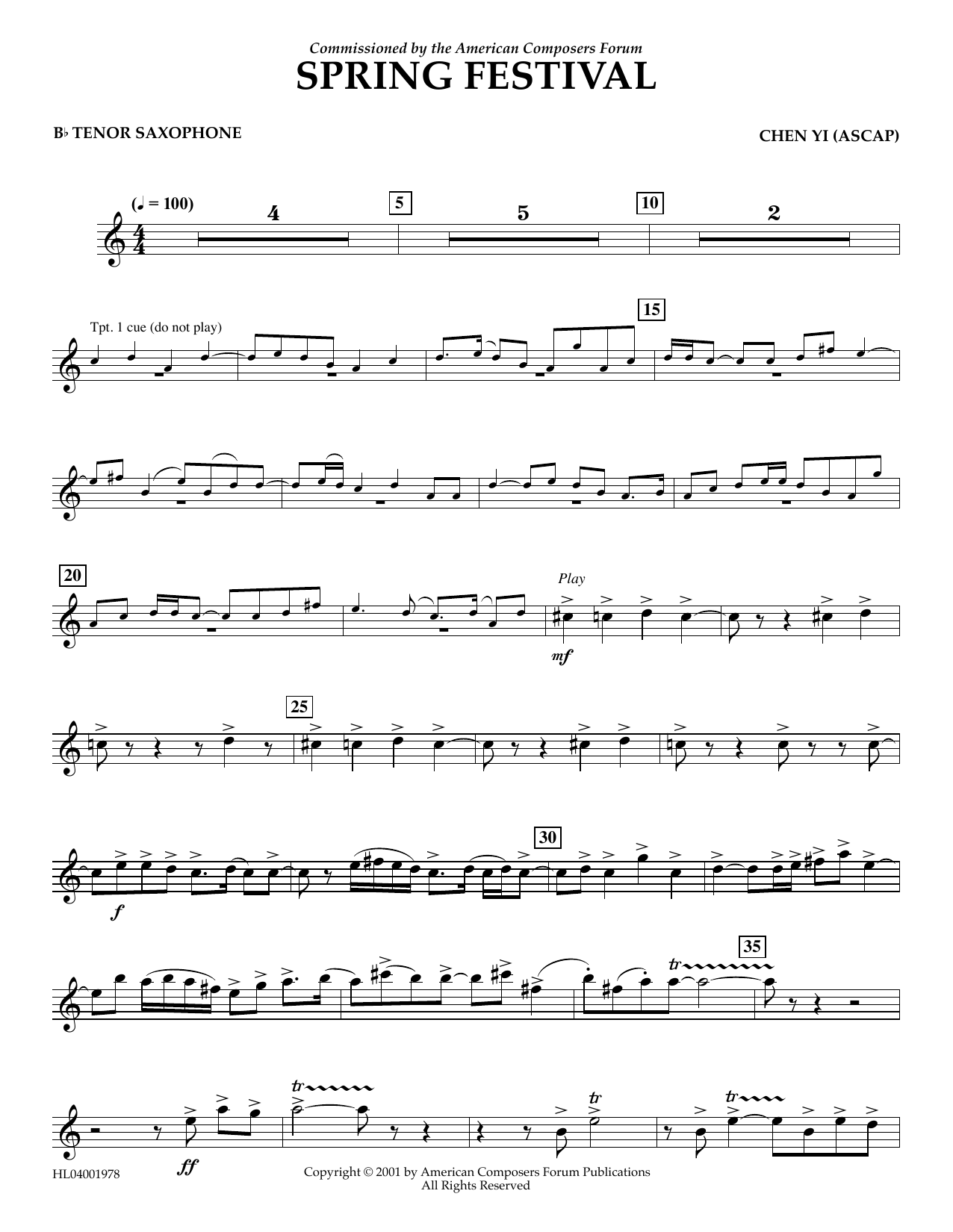Download Chen Yi Spring Festival - Bb Tenor Saxophone Sheet Music and learn how to play Concert Band PDF digital score in minutes