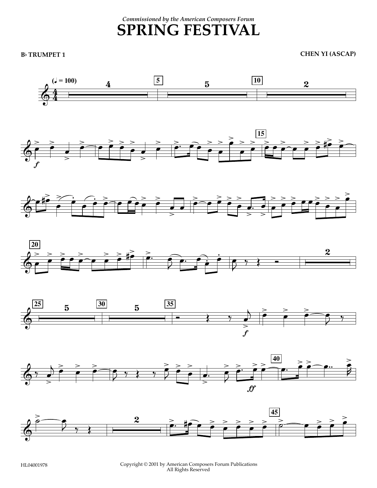Download Chen Yi Spring Festival - Bb Trumpet 1 Sheet Music and learn how to play Concert Band PDF digital score in minutes