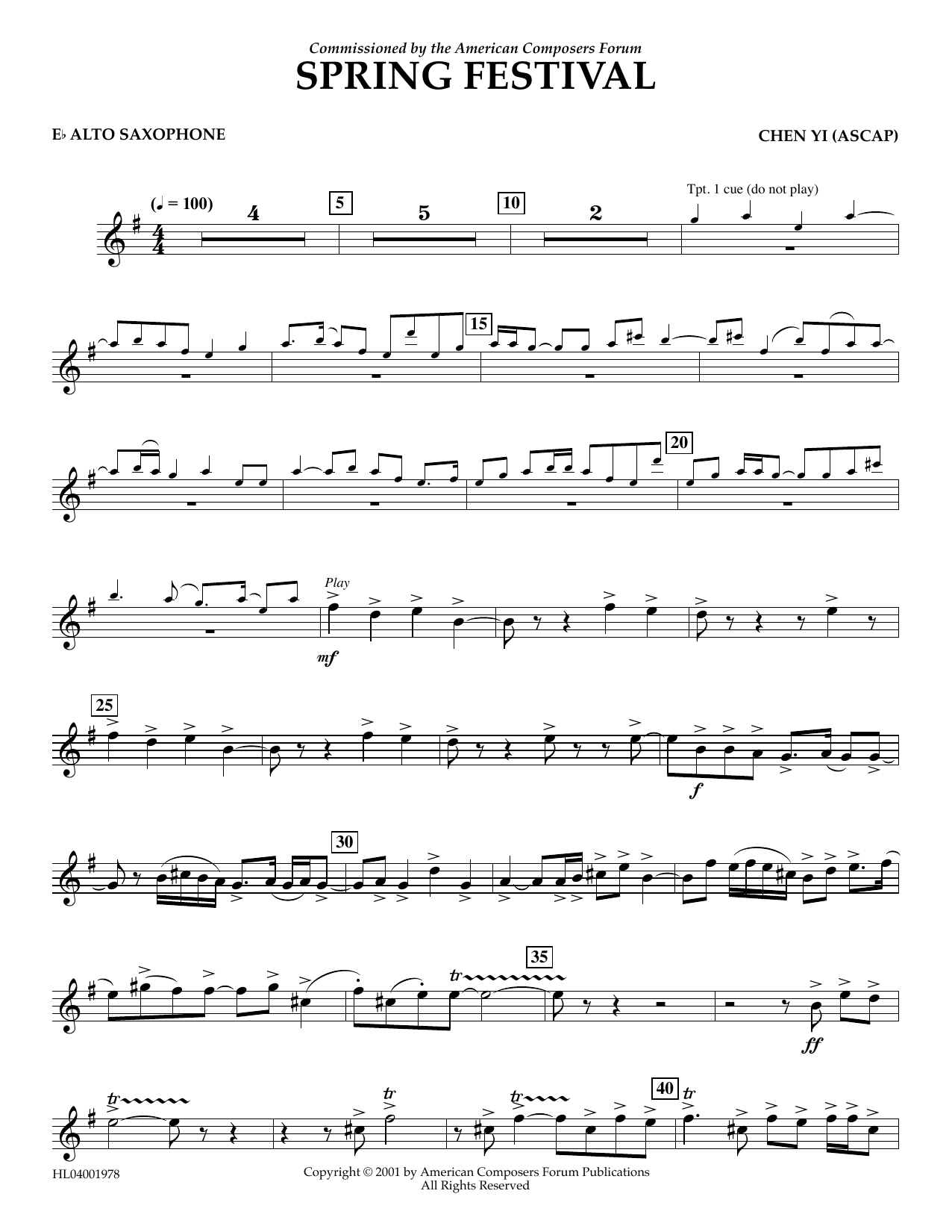 Download Chen Yi Spring Festival - Eb Alto Saxophone Sheet Music and learn how to play Concert Band PDF digital score in minutes