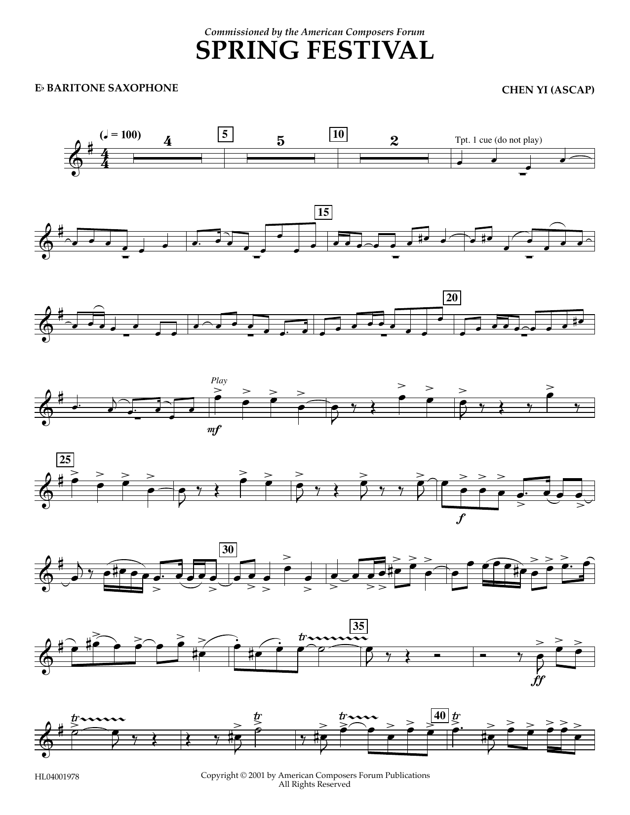 Download Chen Yi Spring Festival - Eb Baritone Saxophone Sheet Music and learn how to play Concert Band PDF digital score in minutes