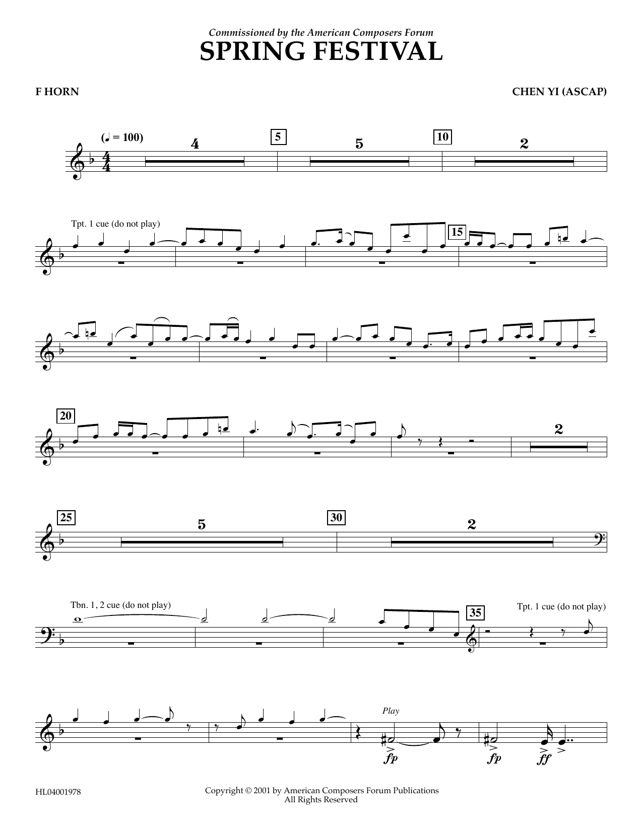 Download Chen Yi Spring Festival - F Horn Sheet Music and learn how to play Concert Band PDF digital score in minutes