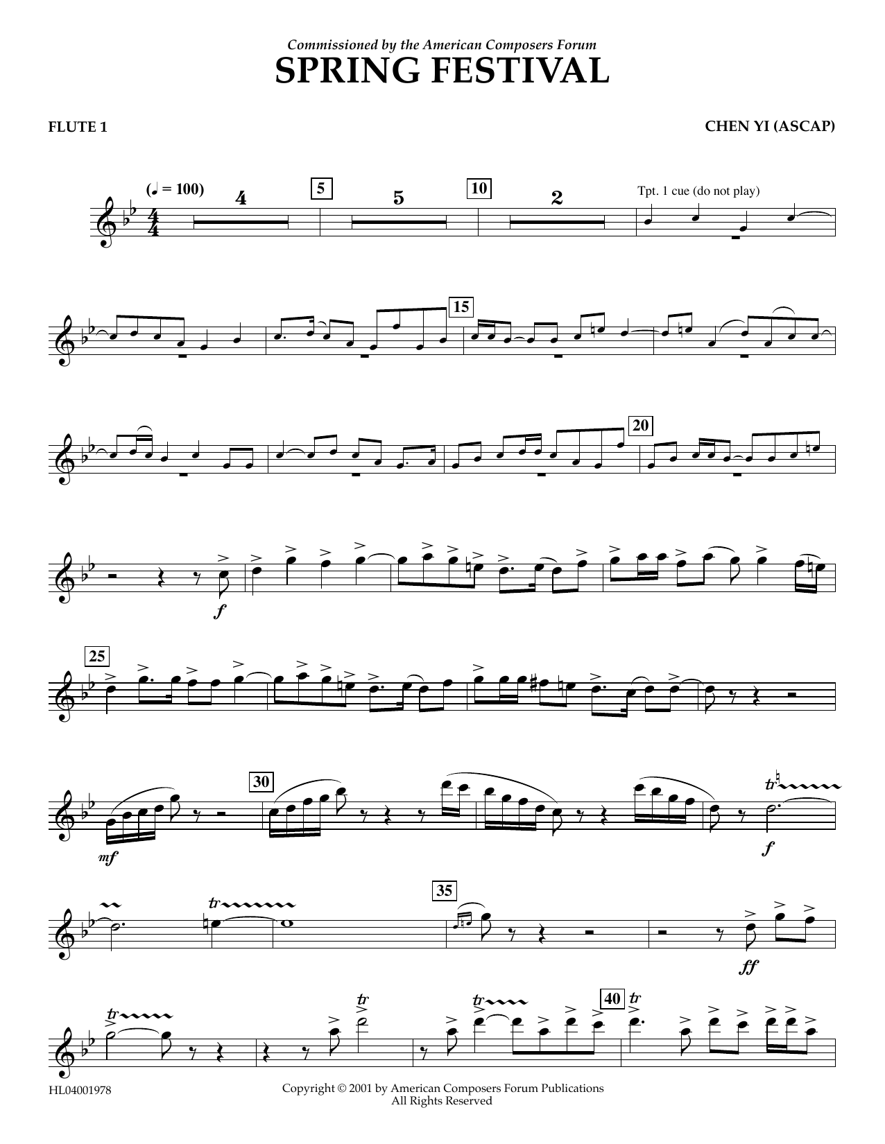 Download Chen Yi Spring Festival - Flute 1 Sheet Music and learn how to play Concert Band PDF digital score in minutes