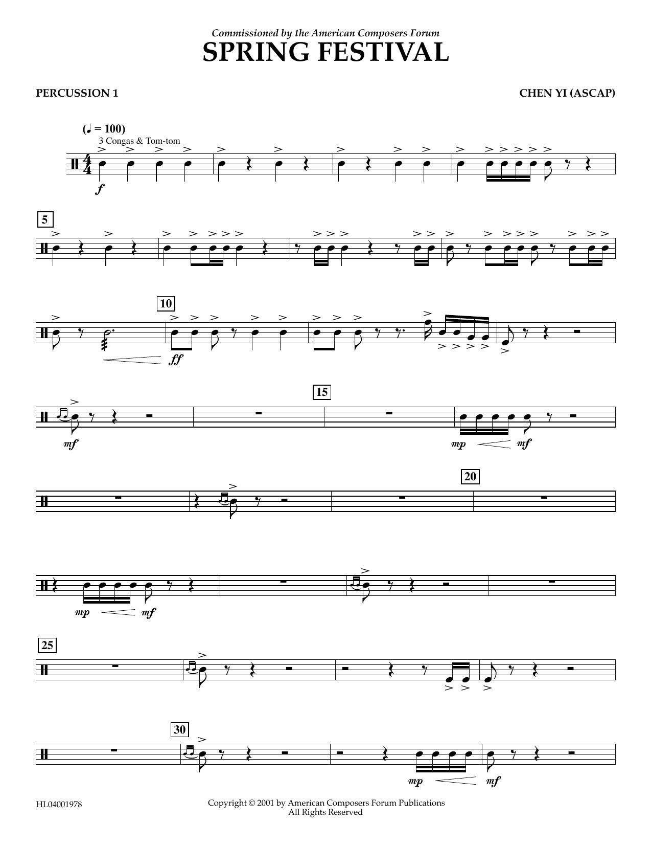 Download Chen Yi Spring Festival - Percussion 1 Sheet Music and learn how to play Concert Band PDF digital score in minutes