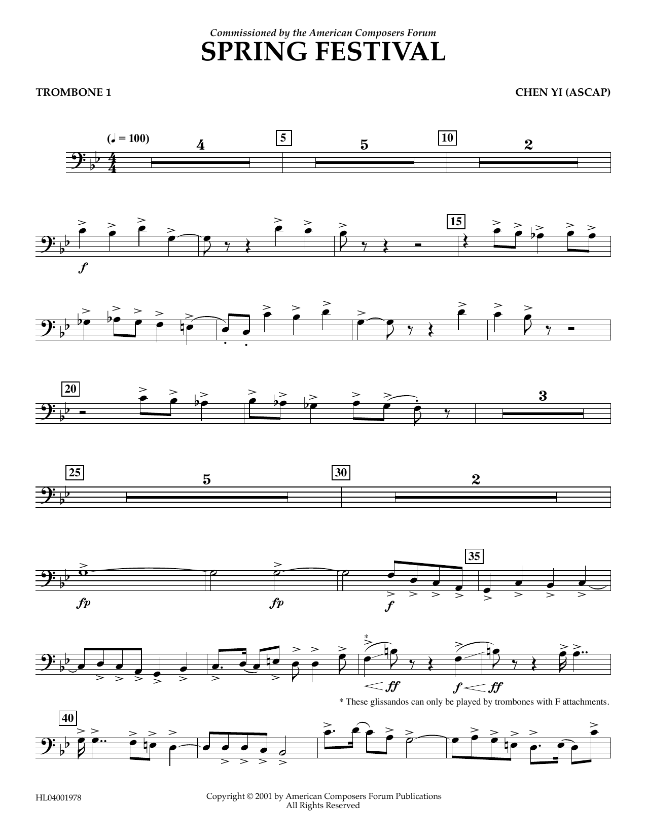 Download Chen Yi Spring Festival - Trombone 1 Sheet Music and learn how to play Concert Band PDF digital score in minutes