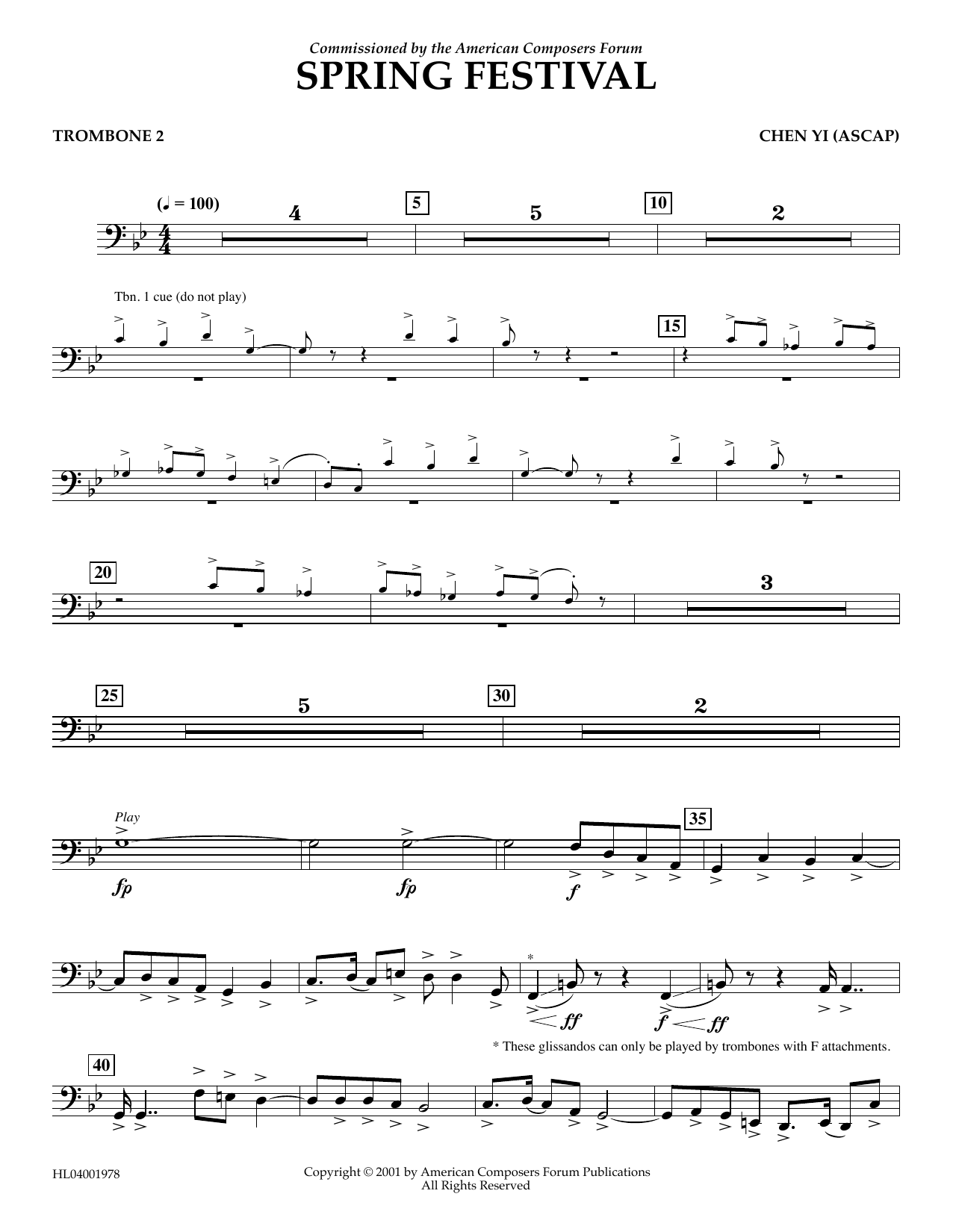 Download Chen Yi Spring Festival - Trombone 2 Sheet Music and learn how to play Concert Band PDF digital score in minutes