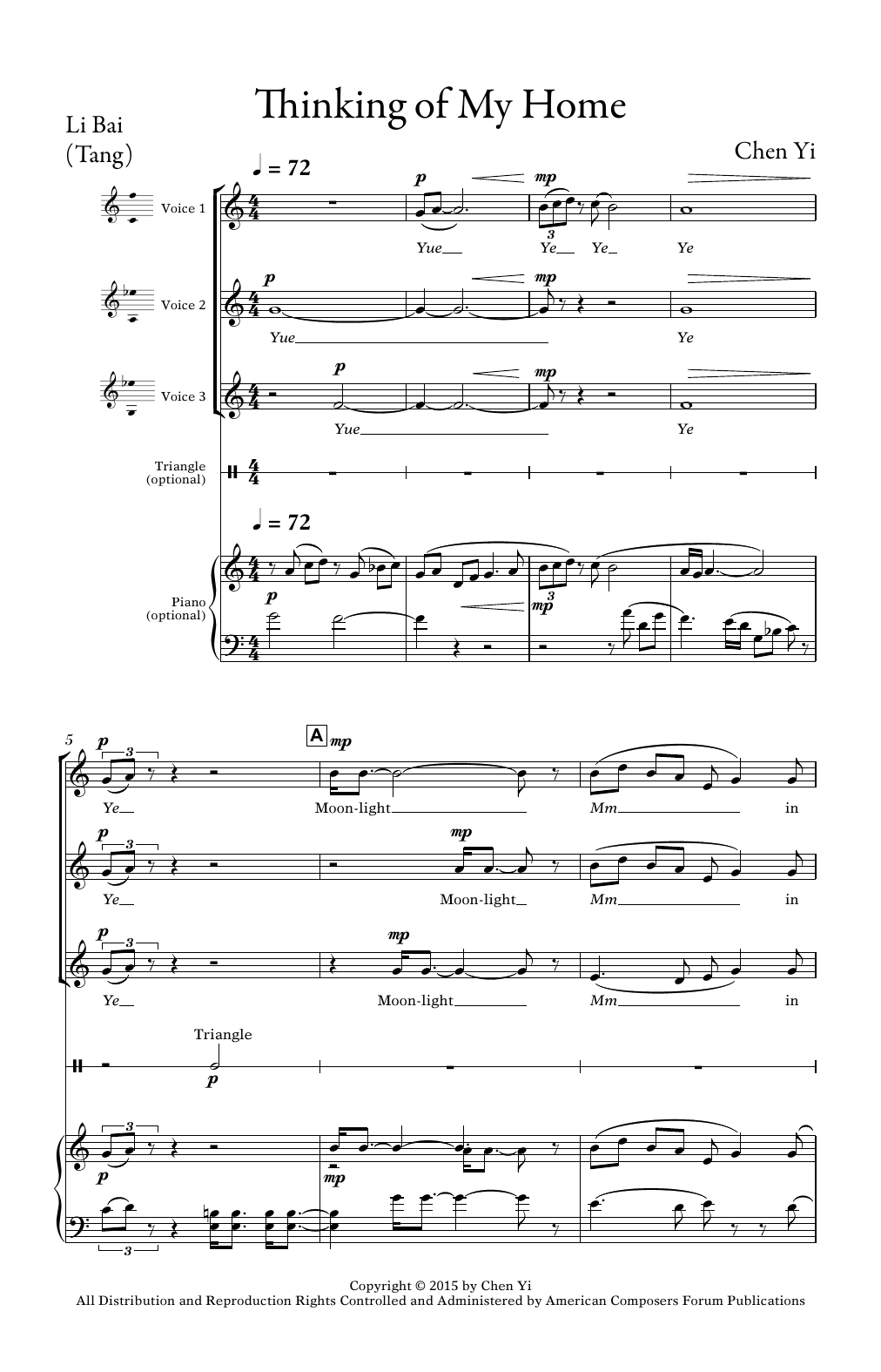 Download Chen Yi Thinking of My Home Sheet Music and learn how to play 3-Part Treble Choir PDF digital score in minutes