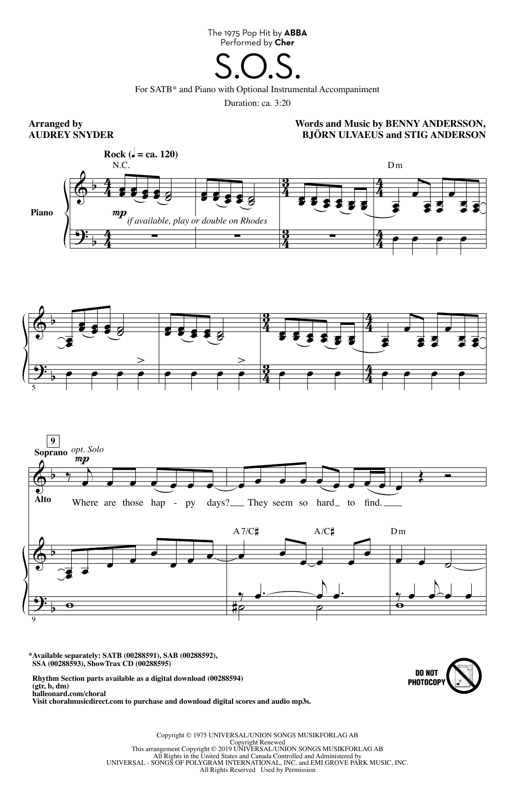 Download Cher S.O.S. (arr. Audrey Snyder) Sheet Music and learn how to play SATB Choir PDF digital score in minutes