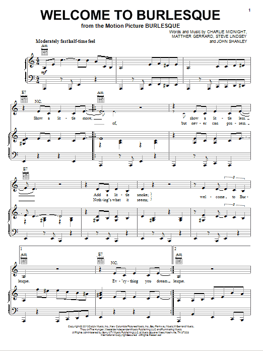Download Cher Welcome To Burlesque Sheet Music and learn how to play Piano, Vocal & Guitar (Right-Hand Melody) PDF digital score in minutes