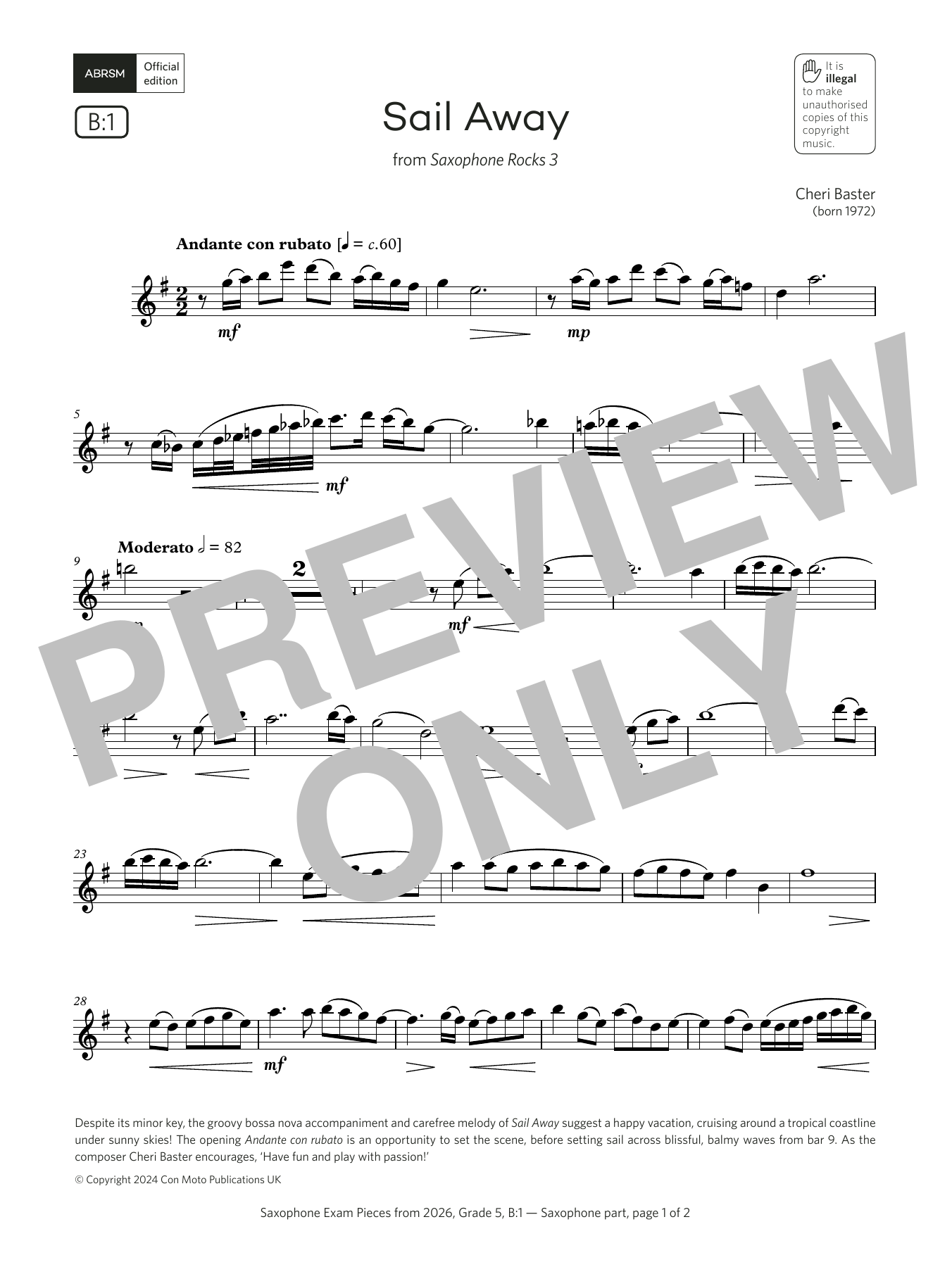 Download Cheri Baster Sail Away (Grade 5, list B1, from the ABRSM Saxophone Syllabus from 2026) Sheet Music and learn how to play Alto Sax Solo PDF digital score in minutes