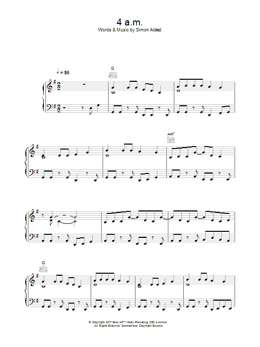 Download Cherry Ghost 4am Sheet Music and learn how to play Piano, Vocal & Guitar PDF digital score in minutes