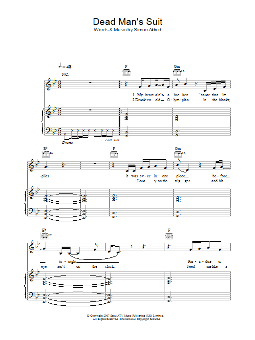 Download Cherry Ghost Dead Man's Suit Sheet Music and learn how to play Piano, Vocal & Guitar PDF digital score in minutes