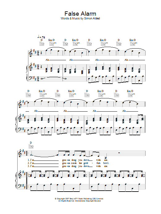 Download Cherry Ghost False Alarm Sheet Music and learn how to play Piano, Vocal & Guitar PDF digital score in minutes