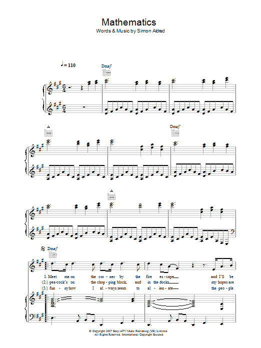 Download Cherry Ghost Mathematics Sheet Music and learn how to play Piano, Vocal & Guitar PDF digital score in minutes