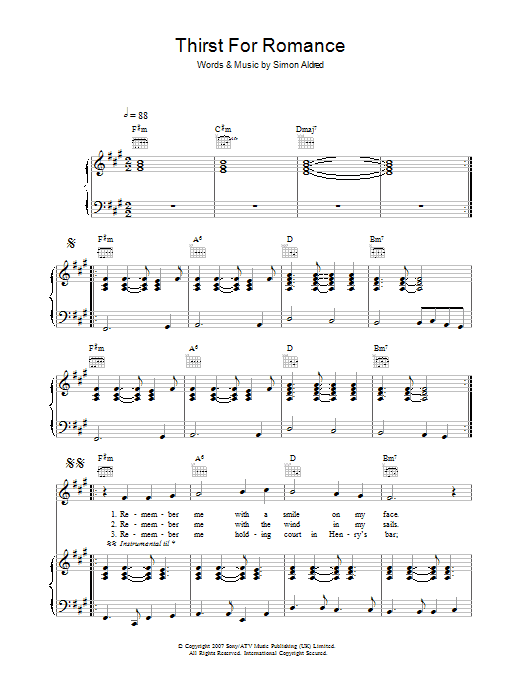 Download Cherry Ghost Thirst For Romance Sheet Music and learn how to play Piano, Vocal & Guitar PDF digital score in minutes