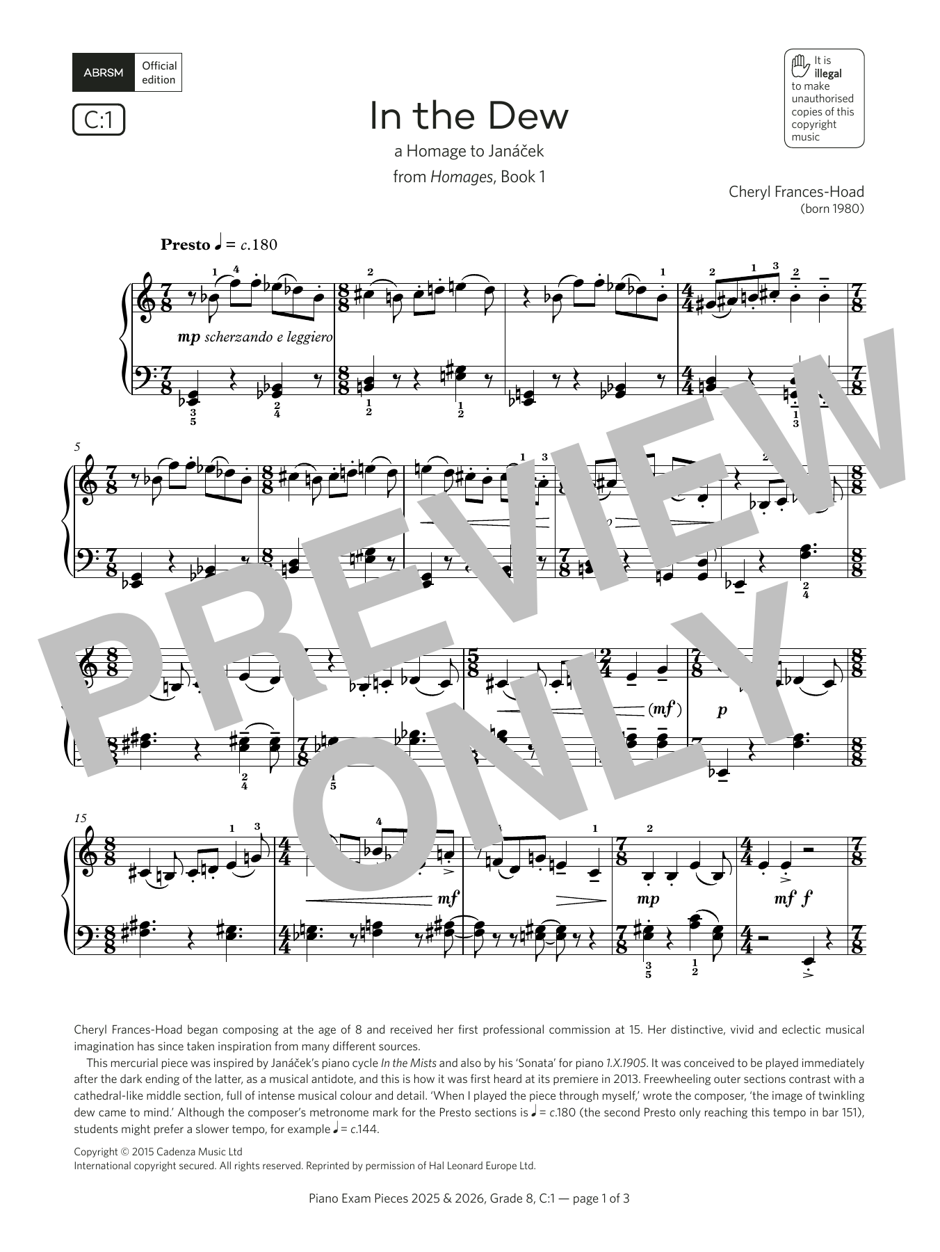 Download Cheryl Frances-Hoad In the Dew (Grade 8, list C1, from the ABRSM Piano Syllabus 2025 & 2026) Sheet Music and learn how to play Piano Solo PDF digital score in minutes